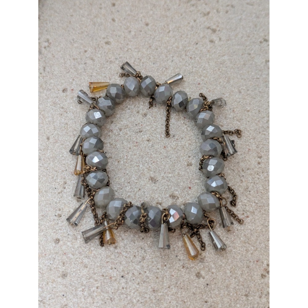 Smoky Gray Faceted Beaded Bracelet Dangling Charms Stretch Links Boho